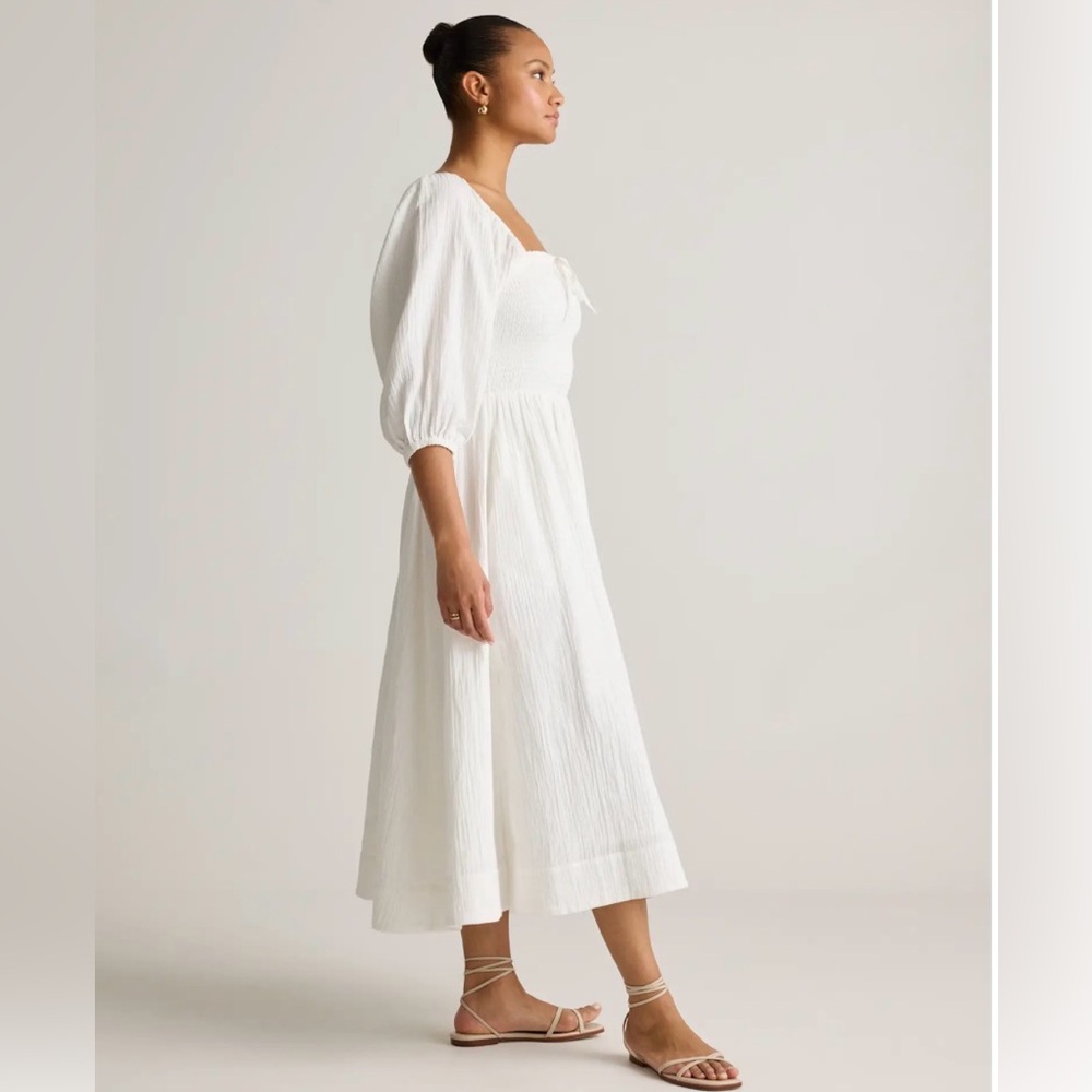QUINCE Organic Cotton Gauze Smocked Square Neck Midi Dress, cream size small - Picture 3 of 11